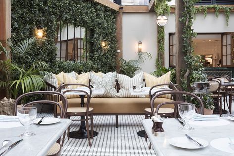 Winter Garden, green wall at the Birnam Brasserie by Ennismore Design Studio Crossbasket Castle, Venice Bungalow, Winter Garden Restaurant, Garden Green Wall, Nana Wall, Winter Interior Design, French Brasserie, Cafe Exterior, Bar Restaurant Interior