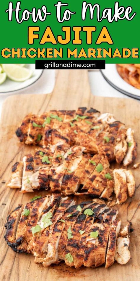 This Chicken Fajita Marinade is the blend of spices and simple ingredients. Top the chicken on a flour tortilla for a delicious meal idea. This delicious marinade is quick and easy to prep and gives your chicken so much flavor. Feel free to change the seasoning for a delicious weeknight meal. #grillonadime #fajitachickenmarinade #chickenmarinaderecipe Authentic Chicken Fajita Recipe, Fajita Chicken Marinade, Chicken Fajita Marinade, Chicken Fajitas Seasoning, Mexican Chicken Marinade, Grilled Chicken Fajitas, Fajita Seasoning Recipe, Easy Chicken Fajitas, Fajita Marinade