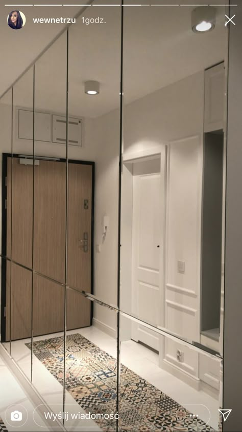 Mirror Wall Wardrobe, Mirror Wall With Door, Wardrobe In Corridor, Mirror Wall Design, Mirror Wall Panel, Mirror Closet, Minimal Kitchen Design, Mudroom Entryway, Mirror Panel