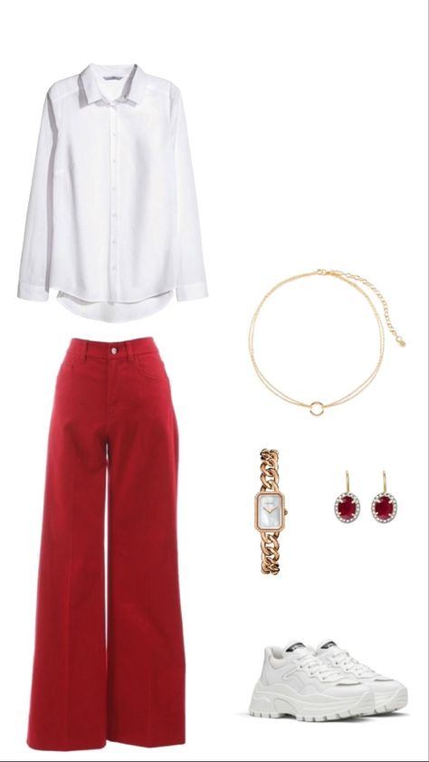 outfit,outfits,outfit idea,outfits ideas,red outfit,white outfit,red and white outfit Stylish Red Outfits, Red White Aesthetic Outfit, White And Red Aesthetic Outfit, Red And White Outfit Christmas, Aesthetic Red And White Outfit, Red Pants White Top Outfit, Dark Red Trousers Outfit, Maroon White Outfit, White And Red Outfit Ideas