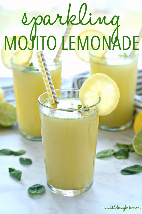 This Healthy Sparkling Mojito Lemonade is a summer drink favourite - it's a healthy, non-alcoholic version of a mojito made with fresh mint, lemons and limes, sparkling water, and a healthy secret ingredient! Recipe from thebusybaker.ca! #healthy #lemonade #mojito #drinks #drink #recipe #easyrecipe #blender #coctktail #mocktail #refreshing #summer #party #barbecue Lemonade Mojito, Mojito Drinks, Sparkling Water Recipes, Healthy Lemonade, Mojito Drink, Lemons And Limes, Non Alcoholic Cocktails, Alcoholic Cocktails, Mojito Recipe