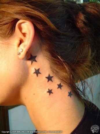 . Star On Neck Tattoo, Star Tattoos Neck, Neck Star Tattoo, Stars Neck Tattoo, Star Neck Tattoos, Stars Behind Ear Tattoo, Stars Tattoos For Women, Star Tattoos Behind Ear, Wrap Around Ankle Tattoos