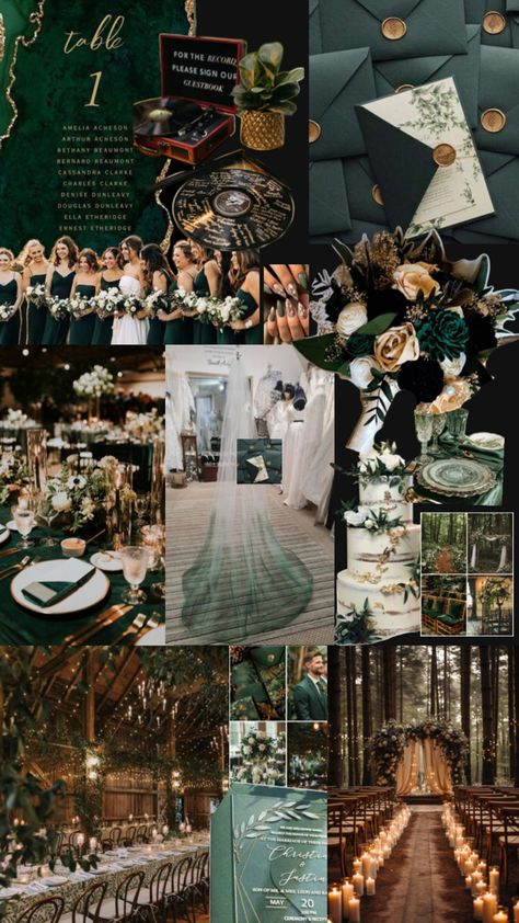 Forest Moody Wedding, Wedding Colors Dark Green Colour Schemes, Wedding Forest Green Theme, Fall Forest Green Wedding, Wedding Color Emerald Green, Forest Green Wedding Theme Decor, Wedding Ideas Emerald Green And Gold, Black Emerald Gold Wedding Decor, Emerald And Black Wedding Theme