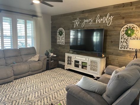 Wood Wall Living Room Decor, Large Accent Wall Living Room Shiplap, Li Ing Room Interior Design Modern, Tv On Accent Wall Family Rooms, Farmhouse Accent Wall Living Room With Tv, Diy Living Room Accent Wall, Farmhouse Accent Wall Paint Colors, Accent Wall With Dark Floors, Grey Living Room With Accent Wall