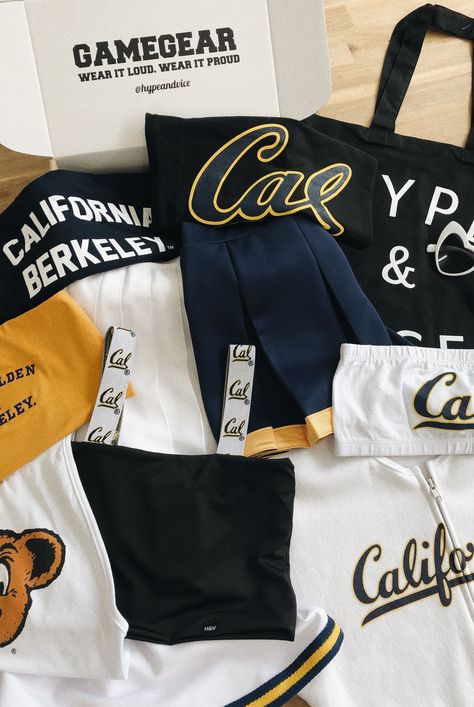 Cal Berkeley's favorite college apparel!! University Of Berkeley, Cute College Apparel, Berkeley California Aesthetic, College Merch Aesthetic, Berkley University Aesthetic, Berkeley University Aesthetic, American College Aesthetic, College Acceptance Aesthetic, College Athlete Aesthetic