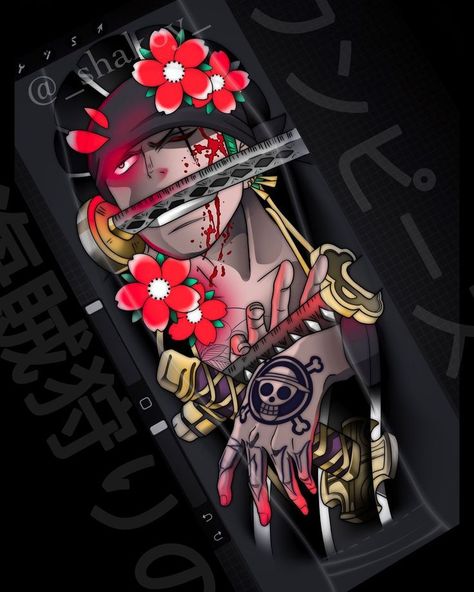 Tree Tattoo Chest, Dbz Tattoo, Doflamingo Wallpaper, Tattoos Instagram, Card Tattoo Designs, Skull Sleeve Tattoos, Skull Sleeve, Comic Tattoo, Zoro Roronoa