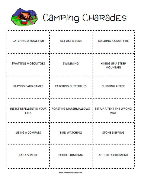 Fun Camp Games For Kids, Camping Games For Preschoolers, Camp Game Ideas, Camping Charades Free Printable, Camp Charades, Campfire Games For Families, Camp Counselor Activities, Camping Games For Teens, Camping Games For Family