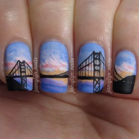 Here are my #silhouettenails for #randomnailartjuly, the #goldengatebridge at sunset! I'm lucky enough to see this amazing bridge almost every day, living in the East Bay Area. I love bridges and so I pretty much stare at this thing any chance I get... I've only lived here a year and it hasn't gotten old 😂 I based this design on a photo I found on google from JamesFike.com. They didn't come out exactly as planned but I'm not gonna complain! Trending Nail Designs, Epic Nails, Silhouette Nails, Neat Nails, Paint Nails, City Nails, Space Nails, Lovely Nails, Awesome Nails