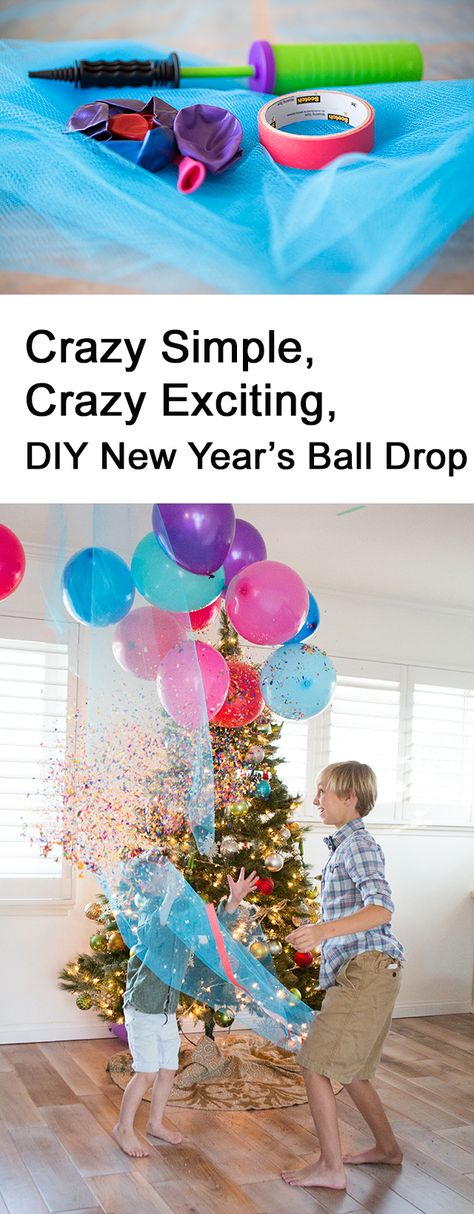 Family New Year's Eve Idea: DIY Balloon Drop - Modern Parents Messy Kids #newyearseve #newyears #newyearsDIY #kidsnewyears #kidsnewyearseve Diy Ball Drop New Years For Kids, Diy Balloon Drop Easy, Diy Balloon Drop, Nye Kids, Family New Years Eve, New Year's Eve Crafts, Kids New Years Eve, New Year's Eve Activities, New Years Ball