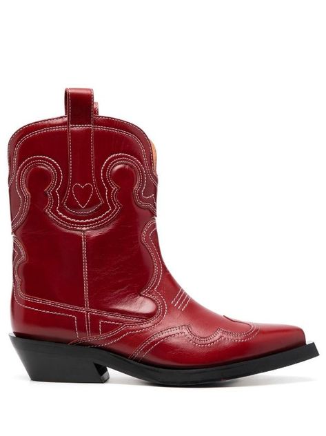 GANNI Embroidered Leather Boots - Farfetch Western Boots Outfit, Botas Western, Red Ankle Boots, Red Cowboy Boots, Designer Ankle Boots, Womens Designer Boots, Looks Country, Leather Biker Boots, Ballerina Shoes Flats