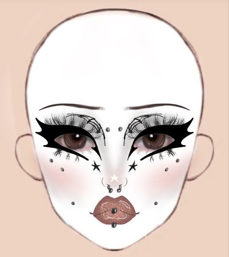 Goth Makeup Face Chart, Gothic Makeup Hooded Eyes, White Base Makeup, Goth Makeup Template, Goth Makeup Ideas Drawing, Gothic Christmas Makeup, Crazy Makeup Ideas, Makeup Looks Drawing, Goth Makeup Ideas