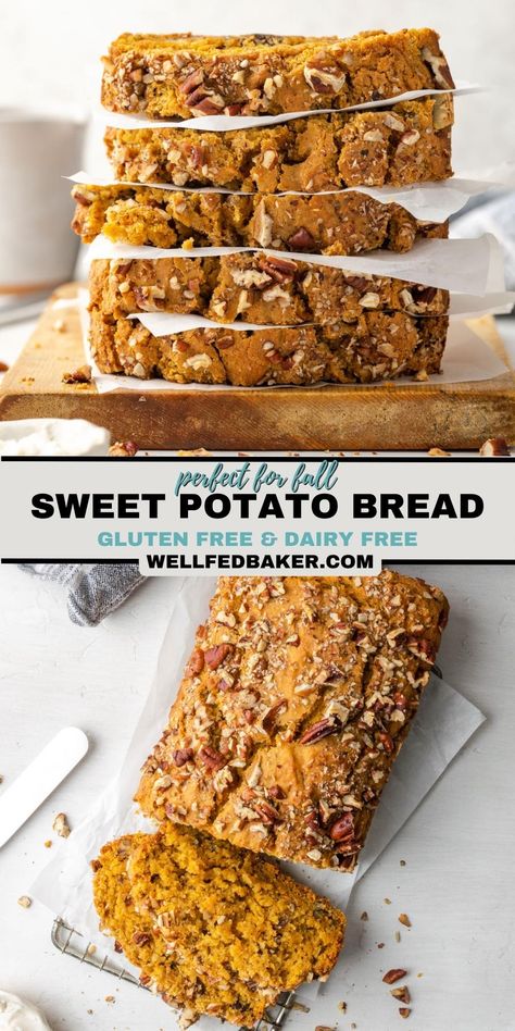 This gluten free and dairy free sweet potato quick bread is one of our family favorites. With the flavors of sweet potatoes, brown sugar, maple syrup and pecans it tastes almost like sweet potato casserole in bread form. Gf Df Sweet Potato Recipes, Sweet Potato Oatmeal Bread, Sweet Potato Pecan Bread, Gluten Free Sweet Potato Bread, Gf Sweet Potato Bread, Sweet Potato Bread Gluten Free, Vegan Sweet Potato Bread, Sweet Potato Bread Healthy, Sweet Potatoes Bread Recipe