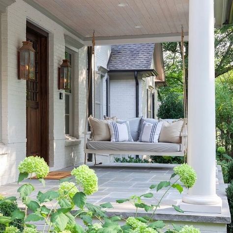 Blue Stone Pavers, Front Porch Columns, Front Porch Swing, Southern Porches, Stone Pavers, Bluestone Patio, Porch Columns, Copper Lantern, Gas Lanterns