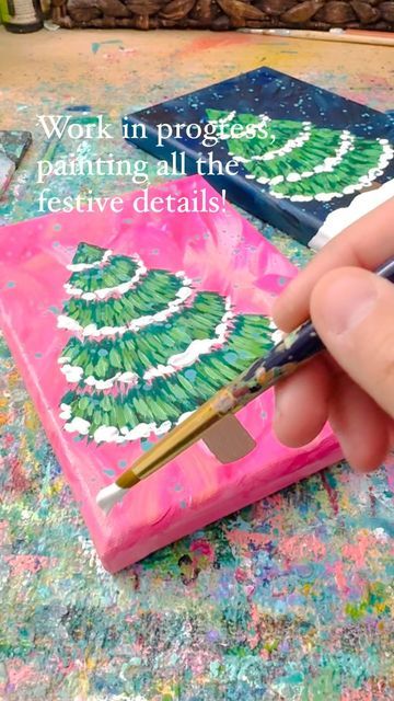 Bethany Joy 🎨 Artist on Instagram: "Painting all the pink Christmas trees lately is just filling my heart with all the festive joy! 💗🎄💗 A glimpse into this work in progress using acrylic paint on canvas 🎨 Thank you for sweet support of my creative journey this season, it absolutely means the world! 🥰" Colorful Christmas Painting, Diy Painting Christmas Ornaments, Cute Christmas Tree Painting, Christmas Paintings Diy, Painted Christmas Trees, Easy Abstract Christmas Painting, Christmas Art Diy, Mini Christmas Canvas Paintings, Painting With A Twist