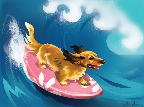 Surfing Illustration, Dachshund Art, Dog Logo, Dachshund Lovers, Weiner Dog, Dog Portraits, Jack Russell, Online Art Gallery, Puppy Love