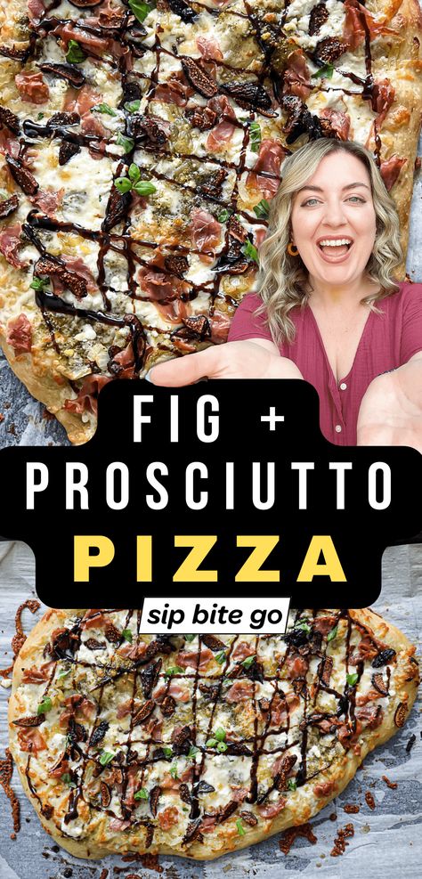 Grab the pizza peel, this fig and prosciutto pizza will provide you with a super delicious sweet and salty taste that will have you getting seconds. Enjoy this thinly sliced pizza at home recipe with your family! | sipbitego.com Prosciutto Flatbread Pizza, Fig Pizza Recipes, Gourmet Pizza Toppings, Fig And Prosciutto Pizza, Prosciutto Pizza Recipes, Prosciutto Flatbread, Fig And Prosciutto, Fig Pizza, Fancy Pizza