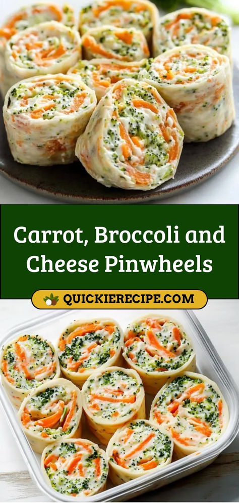 These Carrot, Broccoli, and Cheese Pinwheels are a fun and healthy snack or appetizer, packed with vegetables and gooey cheese wrapped in a soft tortilla. Perfect for kids and adults alike!

Ingredients:

1 cup steamed broccoli, chopped
1 cup shredded carrots
1 cup shredded cheddar cheese
4 flour tortillas
A cheesy, veggie-filled snack that’s both delicious and nutritious Wrap Pinwheels Appetizers, Vegetable Tortilla Roll Ups, Healthy Snacks With Pickles, Vegetarian Pinwheel Appetizers, Healthy Pinwheels Lunch, Finger Foods Vegetables, Vegetable Lunch Ideas For Work, Broccoli Snack Recipes, Vegetable Pinwheels Roll Ups