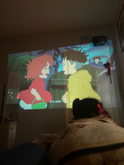 Anime Movie Night, Projector Aesthetic, Anime Ponyo, Ponyo Aesthetic, Ghibli Core, Projector Ideas, Lamp Core, Projector In Bedroom, Dark Blue Wallpaper