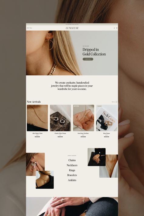 Luxury custom Shopify website design for Luxueuse, a jewelry brand selling high-end pieces. Website designed by Chantelle Richardson, the owner of Capri & Rome, who creates modern website designs that are mobile-responsive and strategically designed for high-ticket offers. #capriandrome.com #jewelrywebsite #mobilefriendlywebsite #ecommercewebsite #rentalbusinesswebsite #shopifydesigner #shopifywebsite Jewelry Banner, Jewelry Website Design, Luxury Website, Website Design Inspiration Layout, Website Banner Design, Best Website Design, Modern Website Design, Shopify Website Design, Professional Web Design