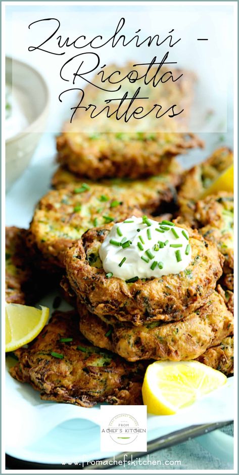 Zucchini Ricotta Fritters are a delicious way to use zucchini and make a great appetizer, snack or vegetarian entree.  They're super-crispy on the outside and creamy and luscious on the inside! #zucchini #zucchinirecipes #zucchinifritters #vegetable #vegetableside dish #side dish #vegetarian Zucchini Ricotta Fritters, Zucchini Ricotta, Vegetarian Entree, Ricotta Fritters, Zucchini Cheese, Zucchini Pancakes, Zucchini Feta, Ricotta Recipes, Vegetable Side Dishes Recipes