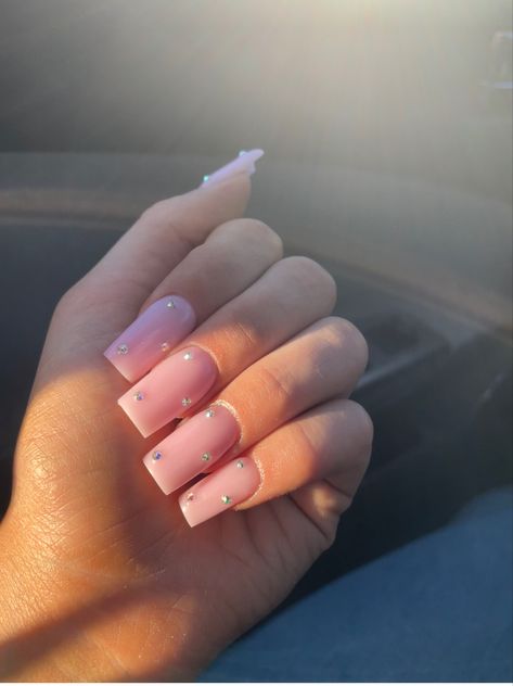 Plain Pink Nails With Gems, Basic Pink Nails With Gems, Light Pink Nails With Gems Short, Pink Acrylic Nails With Gems, Light Pink Nails With Gems, Pink Nails With Gems, Acrylic Nails With Gems, Pink Gemstones Nails, Drippy Nails