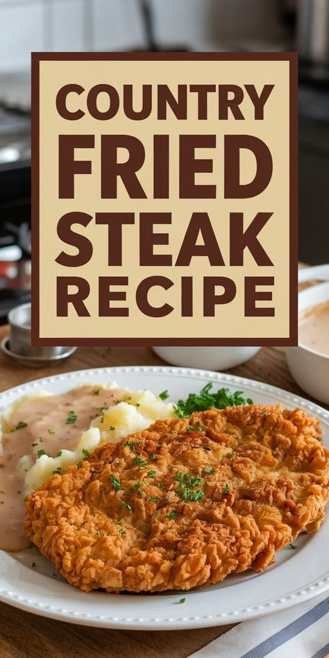 This Country Fried Steak Recipe is a Southern classic! Tender beef smothered in a crispy, golden breading and topped with creamy, homemade gravy—comfort food at its finest. Oven Baked Country Fried Steak, Venison Fried Steak Recipes, Homemade Country Fried Steak, Country Fried Steak And Gravy Easy, How To Make Country Fried Steak, Fried Round Steak Recipes, Fried Pork Steak Recipes, Club Steak Recipes, Pork Cubed Steak Recipes