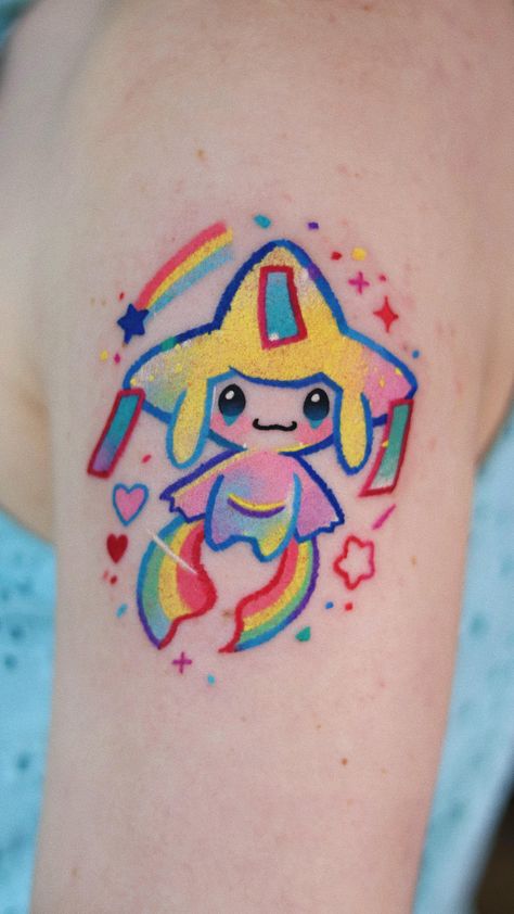 Instagram Jirachi Tattoo, Beanie Baby Tattoo, Cute Tattoo Sleeve, Plankton Tattoo, Artwork Tattoo, Skitty Pokemon Tattoo, Cute Pokemon Tattoo Design, Cute Colorful Tattoos, Staryu Pokemon Tattoo