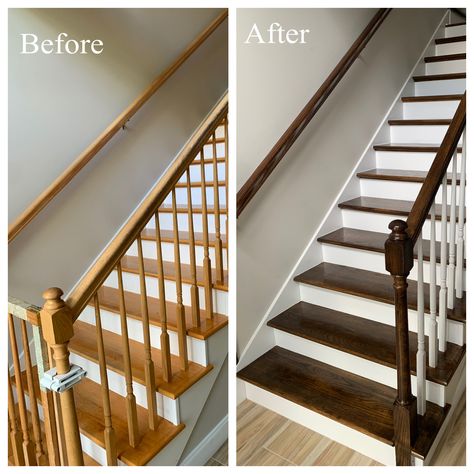 Updated stairs using stain color Jacobean. Turned out so well! Dark Wood Staircase Light Floors, Dark Wood Stairs With Light Floors, Two Tone Wood Stairs, Two Toned Staircase, Stair Colors Paint, Stair Stain Colors, Restain Stairs, Wood Stain Stairs, Stair Color Ideas Stairways