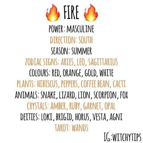 ✨ Witchy Tips ✨ (@witchytips) on Instagram: “☀️ The Element of Fire ☄️❤️ A quick overlook of the fire element and correspondences. A great…” Witchytips Instagram, Fire Spells, Fire Witch, Element Of Fire, Witchy Tips, Elemental Magic, Grimoire Book, Wiccan Witch, Eclectic Witch