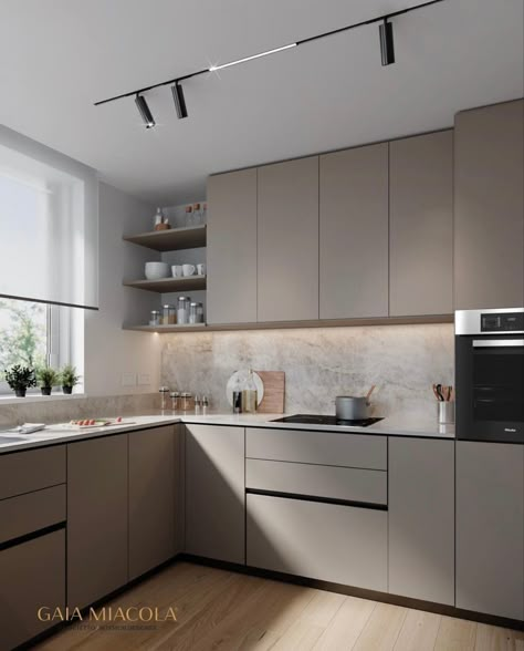 L Shaped Kitchen Interior, Gaia Miacola, Casa Rock, Minimal Kitchen Design, Classy Kitchen, Kitchen Transitional, Kabinet Dapur, Modern Kitchen Cabinet Design, Beige Kitchen