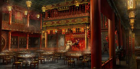 ArtStation - Qing dynasty opera stage, Chow Kay Ancient Chinese Room, Yokai Design, Historical Scenery, Theatre Hall, Opera Stage, Kowloon Walled City, Chinese Theater, Theatre Interior, Chinese Opera