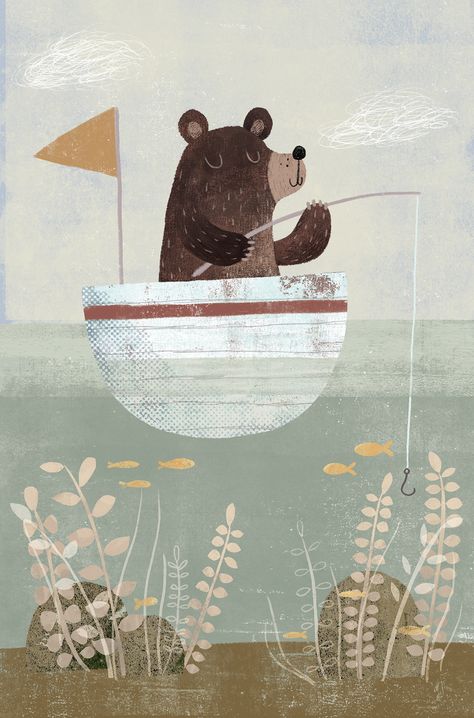 Fishing Bear, Profile Illustration, Bear Fishing, Cute Animal Illustration, Bear Illustration, Book Illustration Art, Nursery Art Prints, Baby Art, Bear Print