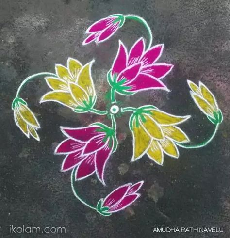 Rangoli Flowers 15th Dotted Kolam (connected dots) | m.iKolam.com Doted Rangoli Designs, Flower Kolam With Dots, Small Free Hand Rangoli, Simple Kolam Designs, Colour Kolam, Flower Kolam, Simple Kolam, Rangoli Side Designs, Rangoli Colours