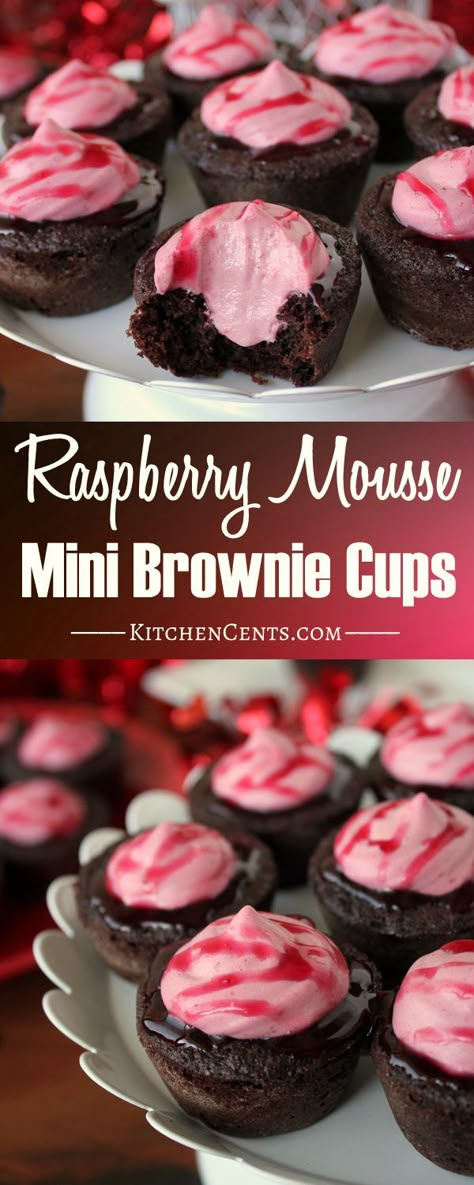 Raspberry Mousse Brownie Cups are a delicious raspberry dessert.  Chocolate lovers will love this mousse dessert.  This brownie recipe is perfect for these brownie cups. Mini Brownie Cups, Raspberry Dessert, Cookie Cups Recipe, Raspberry Desserts, Mini Brownies, Brownie Cups, Raspberry Mousse, Mousse Dessert, Raspberry Recipes