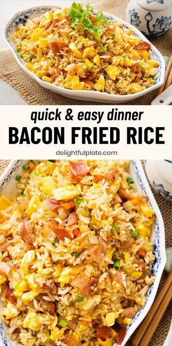 Transform leftover rice into this easy and delicious Bacon & Egg Fried Rice with simple kitchen staples you likely have on hand. You can put it together for family dinners or gatherings in under 30 minutes. This fried rice recipe also includes diced veggies besides bacon to make it healthier. Rice Patties Recipe, Bacon Fried Rice Recipe, Potluck Party Food, Bacon Fried Rice, Bacon Rice, Bacon Dinner, Risotto Dishes, Fried Rice Recipe Easy, Fried Rice With Egg