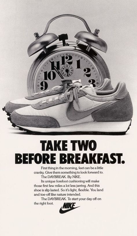 Nike Daybreak advertisement (1980) : Nike Inc. : Free Download, Borrow, and Streaming : Internet Archive Copywriting Ads, Nike Poster, Nike Daybreak, Nike Ad, Shoe Poster, Sneaker Posters, Shoes Ads, Best Ads, Vintage Sneakers