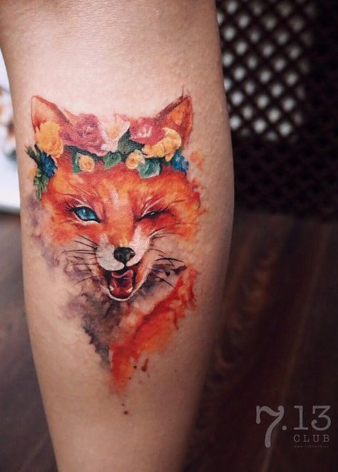 Fox Tattoo Meaning, Red Fox Tattoos, Fox With Flowers, Watercolor Fox Tattoos, Fox Tattoos, Fox Tattoo Design, Tattoo Pictures, Deer Tattoo, Fox Tattoo