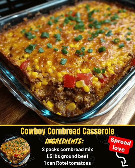 Cowboy Cornbread Casserole Cowboy Cornbread Casserole, Cowboy Cornbread, Baked Meatloaf, Cheeseburger Meatloaf, Crockpot Meatloaf, Cowboy Casserole, Mexican Casserole Recipe, Chicken Parmesan Pasta, Cornbread Casserole