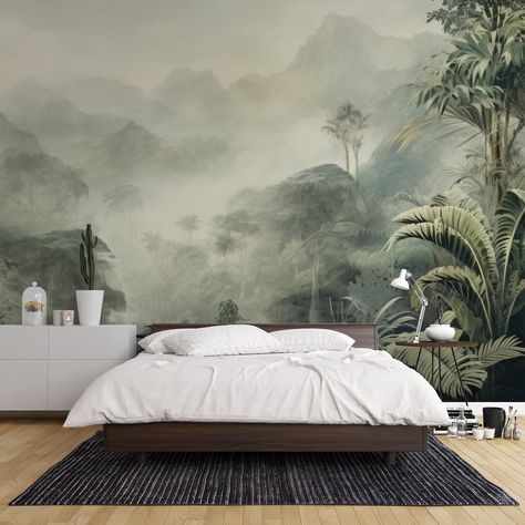 Panoramic Tropical Jungle Wallpaper Mystical Misty Forest Lush Landscape Wallpaper Chic Botanical Equatorial Ambiance - Etsy Jungle Wallpaper Bedroom, Panoramic Wallpaper, Distant Mountains, Colonial Interior, Interior Decorating Tips, Jungle Wallpaper, Nature Color Palette, Wild Beauty, Detailed Design