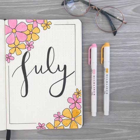 Hello July ! Hope you like this page ! || flowers inspired by @plslars || • • • Please comment your opinions ☺️❤️ ? Xx • #bujo… July Bullet Journal Cover, July Cover Page, July Bullet Journal, Cover Page For Project, Flowers Simple, Hello July, Bujo Inspiration, Bullet Journal Inspo, Cover Page