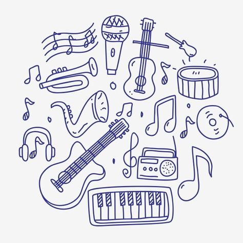 Music Subject Design, Cute Music Drawings, Guitar Doodle Art, Singing Doodle, Music Doodles Aesthetic, Piano Doodle, Music Drawings Doodles, Music Subject, Concert Drawing