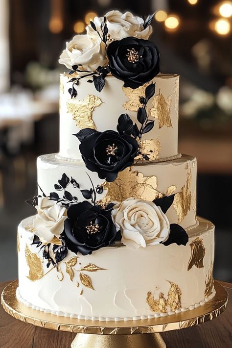 Gilded Noir Sophistication Wedding Cake White Black Gold Wedding Cake, Wedding Cakes With Black Accents, Black Gold And White Wedding Cake, Black And Copper Wedding Cake, Wedding Cake White And Black, Black White Gold Wedding Cake, Black And White Wedding Cake Ideas, Black Flower Cake, Wedding Cake Black And Gold