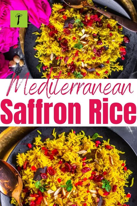 Mediterranean Saffron Rice - Pilaf Recipe Saffron Recipes Vegetarian, Mediterranean Saffron Rice, Greek Saffron Rice, Turkish Pilaf Rice Recipe, Saffron Rice Recipes, Rice With Saffron Recipe, Mediterranean Rice Pilaf, Mediterranean Rice Recipes, Recipes With Saffron