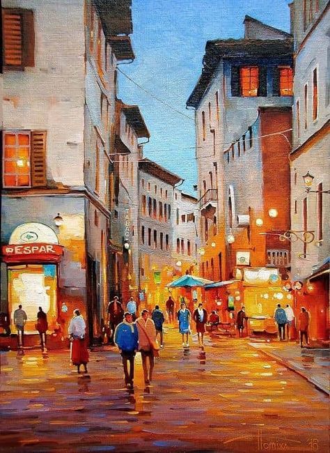 City Lights Painting Acrylic, Street Painting Acrylic, Street Acrylic Painting, Cafe Oil Painting, Marvel Timeline, Mediterranean Paintings, City Scape Painting, Abstract Art Projects, Paris Painting