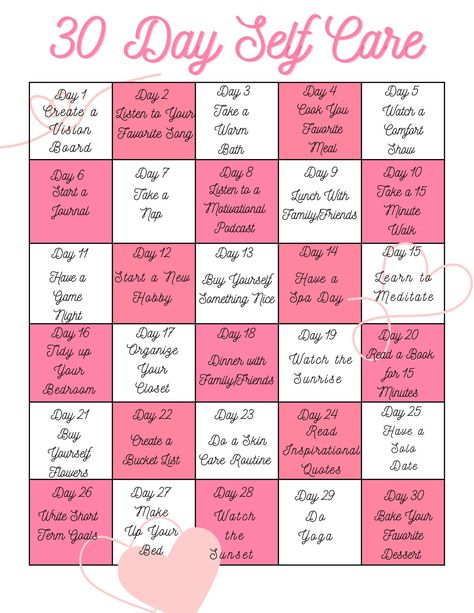 -A 30-day self-care challenge typically involves setting aside time each day for activities that promote physical, mental, and emotional well-being. Each day, you can focus on different aspects of self-care such as exercise, meditation, journaling, spending time outdoors, practicing gratitude, self-reflection, trying something new, or connecting with loved ones. -The goal is to prioritize self-care and develop healthy habits over the course of 30 days. -You do not have to go in order of challenge, be creative and set ground. Perfect Self Care Day Routine, 25 Days To Go, 30 Day Self Care Challenge For Women, Self Love Ideas Activities, August Self Care, Try Something New Challenge, 30 Day Self Care Challenge, Meditation Journaling, 30 Day Self Care