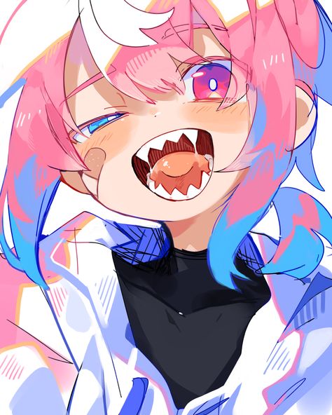 Anime Teeth Reference, Anime Sharp Teeth, Genderfluid Character, Teeth Drawing, Turtleneck White, Pink Hair Anime, Teeth Art, Yume Kawaii, Kawaii Boy