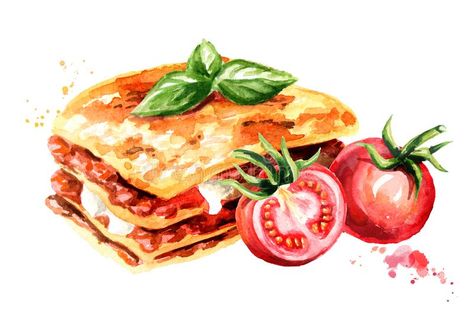 Italian Lasagna, Recipe Book Design, Lasagna Ingredients, Food Illustration Art, Watercolor Food, Tall Ship, Food Painting, Ripe Tomatoes, Hand Drawn Illustration