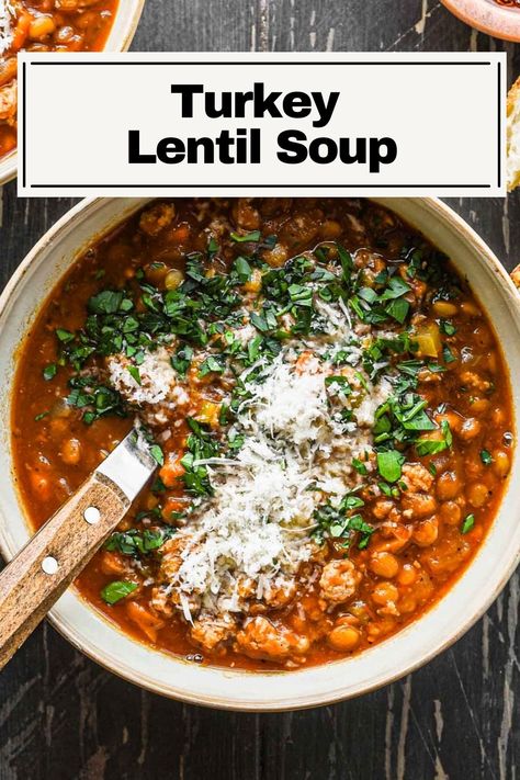 This Turkey Lentil Soup is a super easy and delicious dinner with tender vegetables, melt in your mouth lentils, and juicy ground turkey. Made all in one pot, it’s a perfect easy weeknight meal. Ground Turkey And Mushroom Soup, Ground Turkey Soups And Stews, Lentil Turkey Soup, Ground Turkey Lentil Soup, Ground Turkey And Lentils Recipes, Turkey And Lentil Soup, Ground Turkey Soup Recipes, Soup With Ground Turkey, Lentil Soup Crockpot