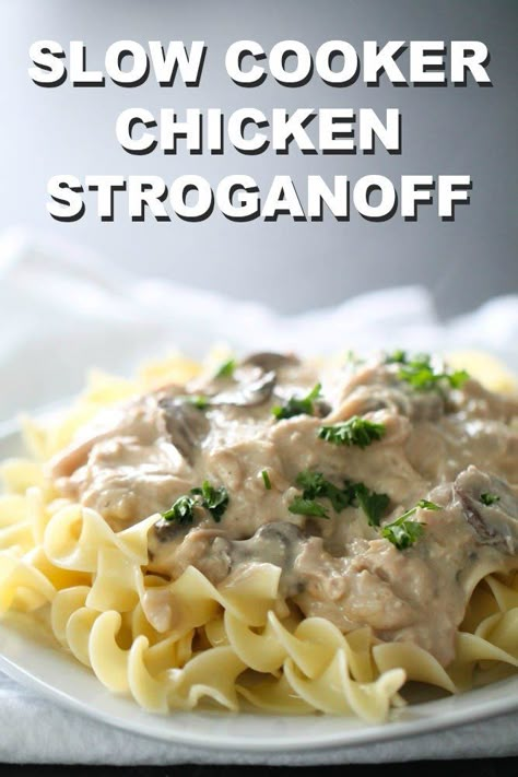 Slow Cooker Chicken Stroganoff | Six Sisters' Stuff This Slow Cooker Chicken Stroganoff can be thrown together in a matter of minutes and your slow cooker does the work for you! This easy recipe has tender chicken in a delicious creamy sauce served over pasta for the perfect dinner. February Food, Slow Cooker Chicken Stroganoff, Chicken Stroganoff, Six Sisters Stuff, Six Sisters, Stroganoff Recipe, Best Slow Cooker, Tender Chicken, Beef Stroganoff