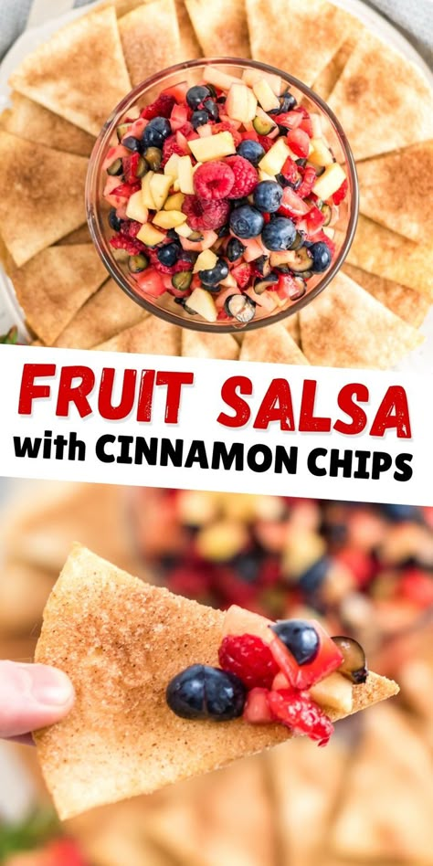 Loaded with fresh fruit and berries, fruit salsa with homemade cinnamon chips makes an easy and refreshing summer dessert #fruit #salsa #fruitdessert Cinnamon Sugar Chips, Summer Fruit Desserts, Fresh Fruit Desserts, Fruit Desserts Easy, Fruit Appetizers, Fresh Fruit Recipes, Dessert Fruit, Cinnamon Chips, Baked Fruit